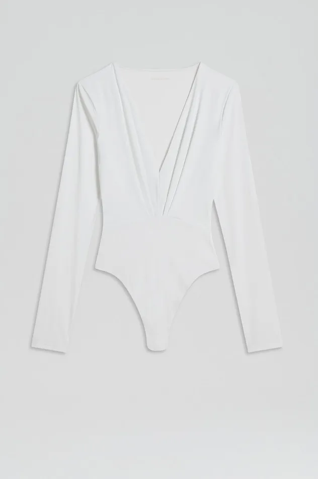 Tops Women Scanlan Theodore DRAPE VNECK BODYSUIT WHITE Tops Women Scanlan Theodore DRAPE VNECK BODYSUIT WHITE