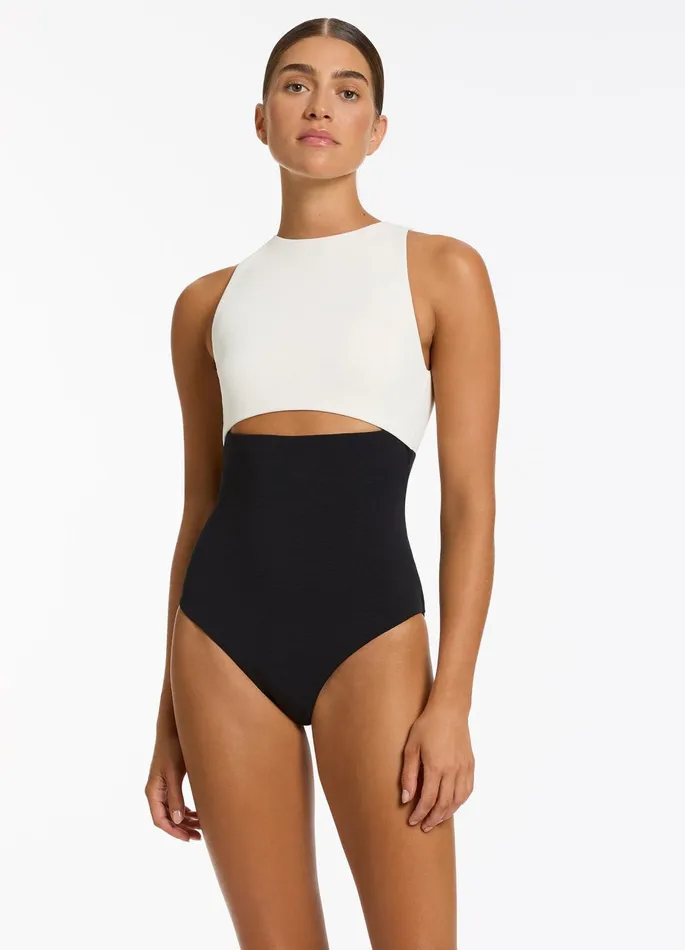 Versa Rib Cut Out High Neck One Piece Blackcream Women JETS Australia High Neck One Piece