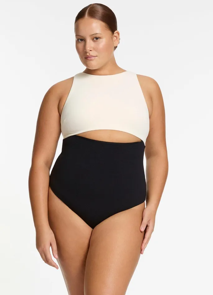 Versa Rib Cut Out High Neck One Piece Blackcream Women JETS Australia High Neck One Piece