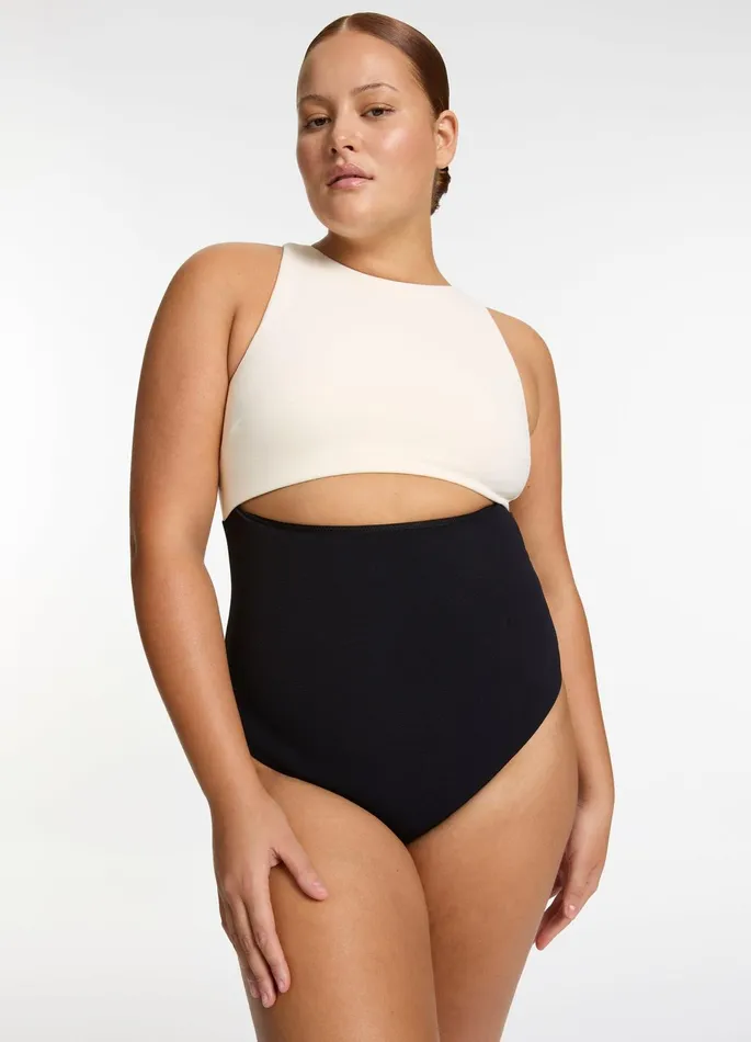 Versa Rib Cut Out High Neck One Piece Blackcream Women JETS Australia High Neck One Piece
