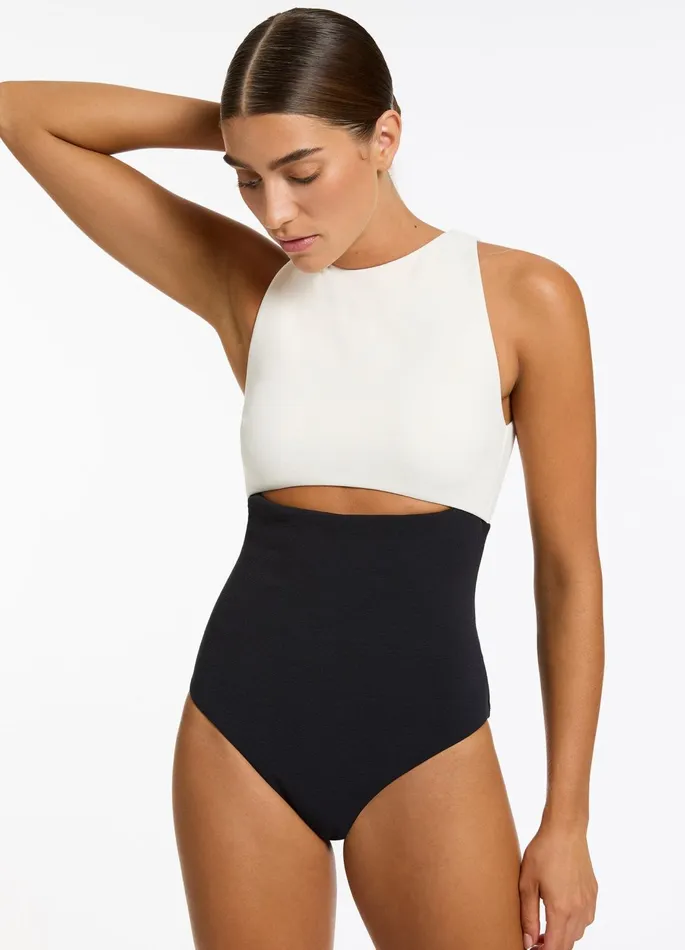 Versa Rib Cut Out High Neck One Piece Blackcream Women JETS Australia High Neck One Piece