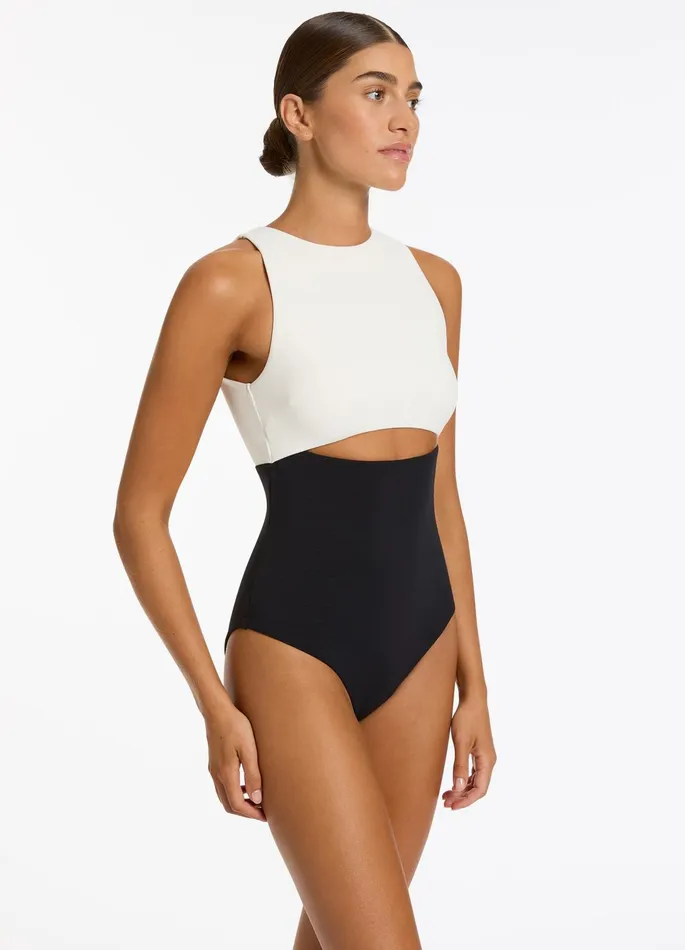 Versa Rib Cut Out High Neck One Piece Blackcream Women JETS Australia High Neck One Piece