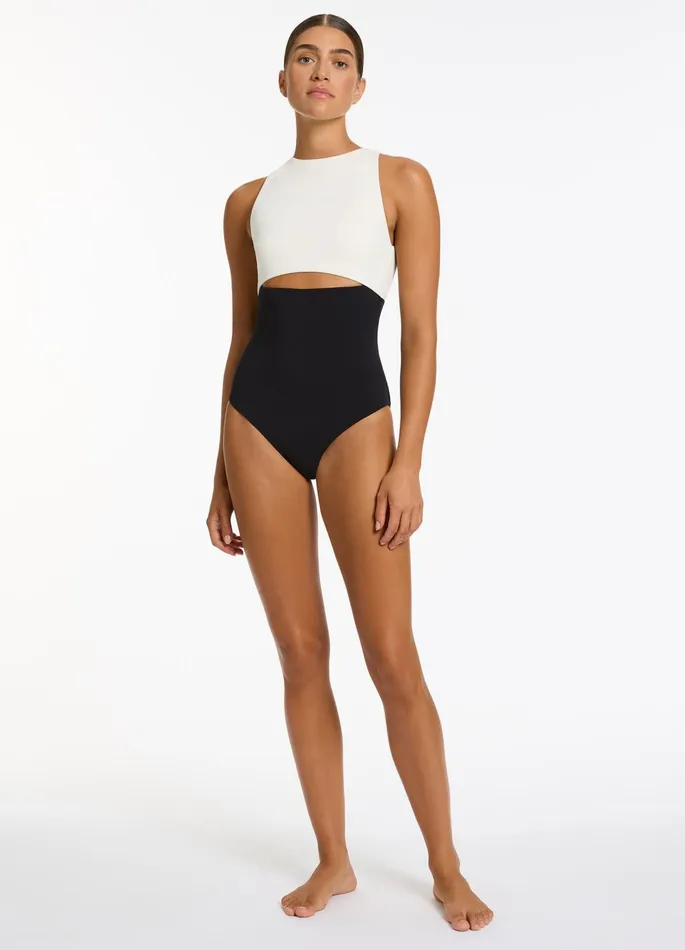 Versa Rib Cut Out High Neck One Piece Blackcream Women JETS Australia High Neck One Piece