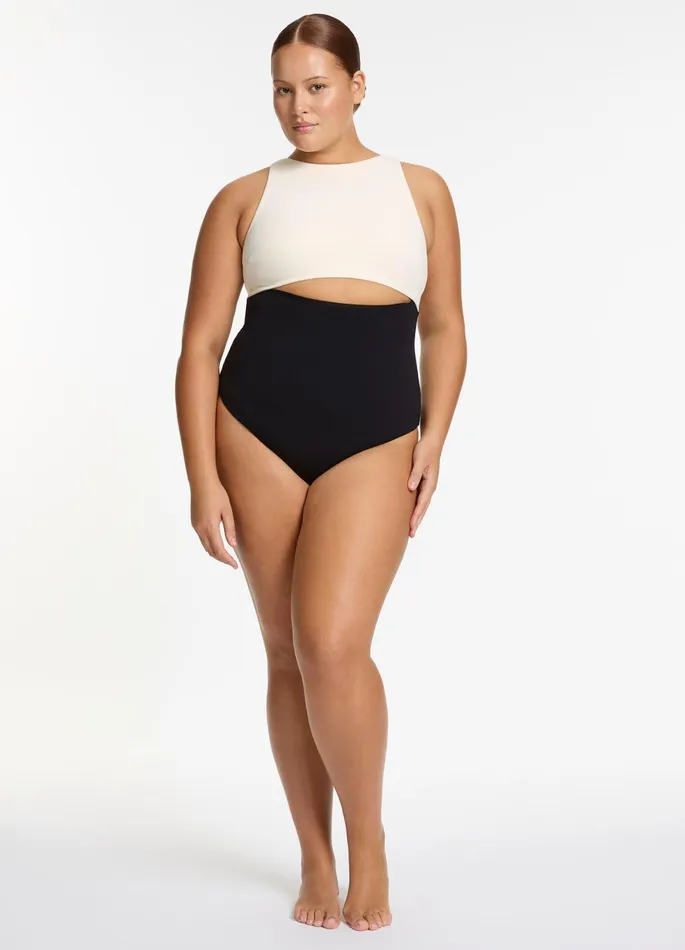 Versa Rib Cut Out High Neck One Piece Blackcream Women JETS Australia High Neck One Piece