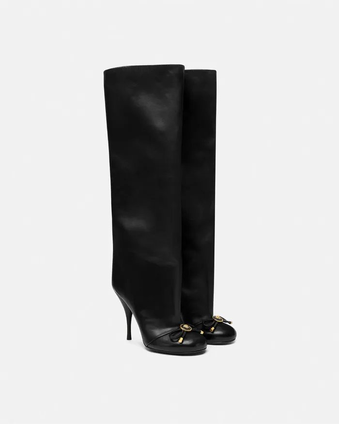 Versace Boots Women Opera Bow KneeHigh Boots 105 Mm Blackgold