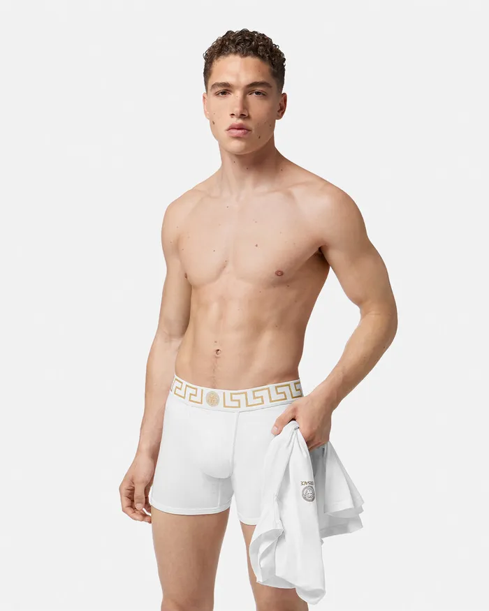 Versace Boxers Men Greca Border Long Trunks White
