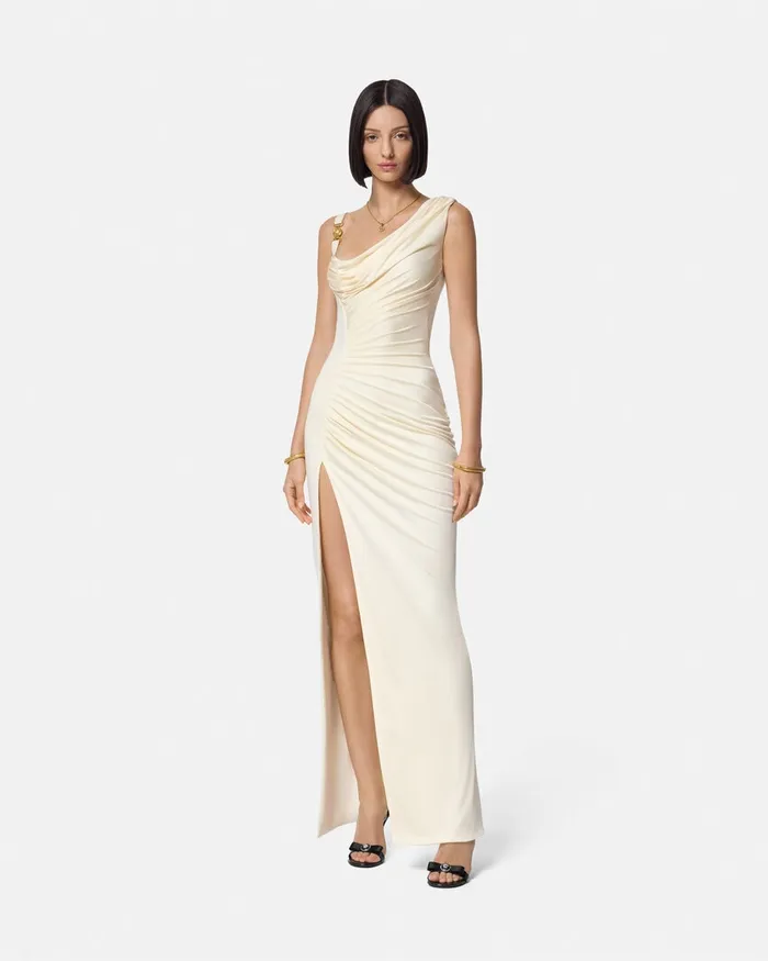 Versace Dresses Women Medusa 03995 Draped Gown White
