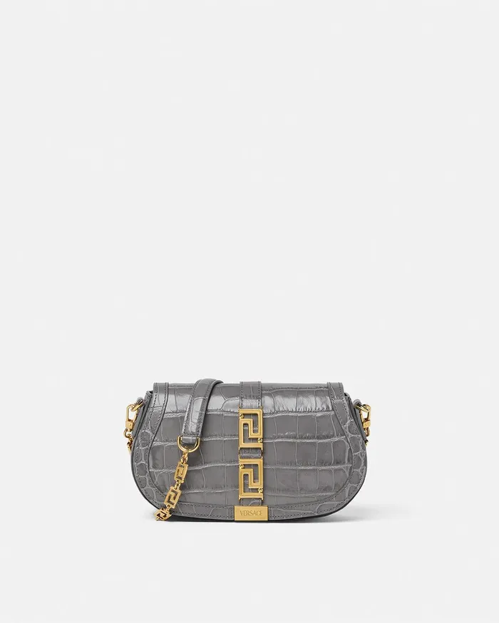 Versace Greca Goddess Women CrocEffect Greca Goddess Shoulder Bag Gray