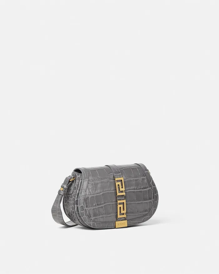 Versace Greca Goddess Women CrocEffect Greca Goddess Shoulder Bag Gray