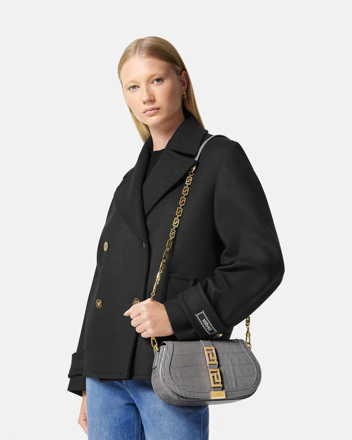 Versace Greca Goddess Women CrocEffect Greca Goddess Shoulder Bag Gray