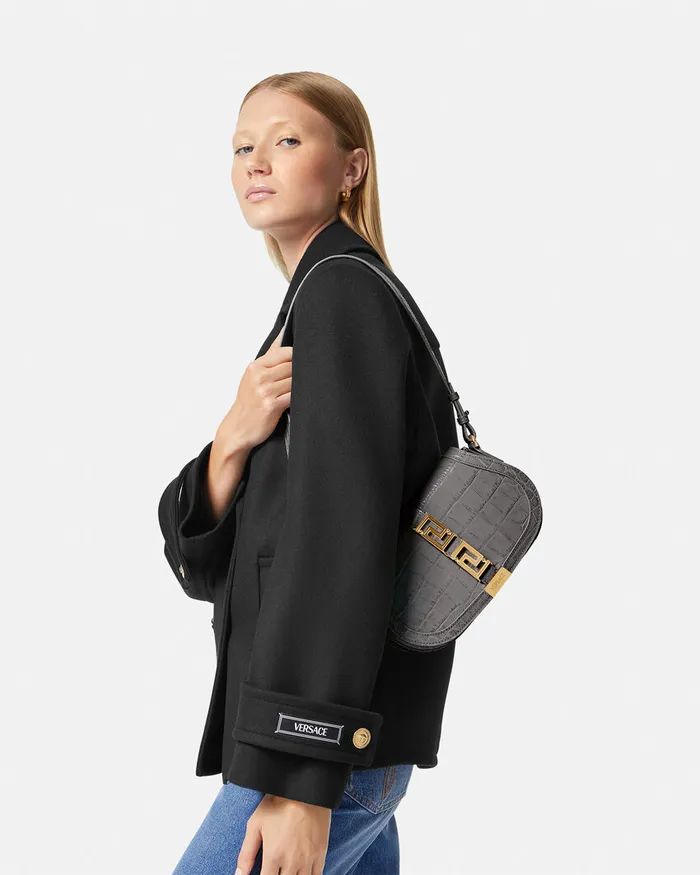 Versace Greca Goddess Women CrocEffect Greca Goddess Shoulder Bag Gray