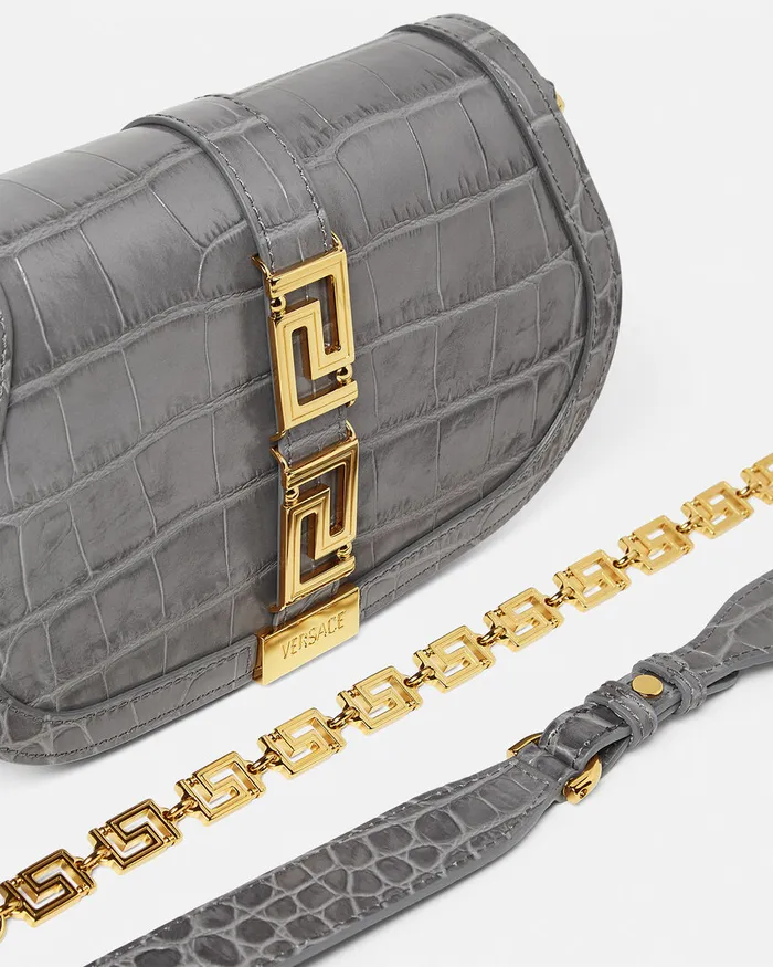 Versace Greca Goddess Women CrocEffect Greca Goddess Shoulder Bag Gray