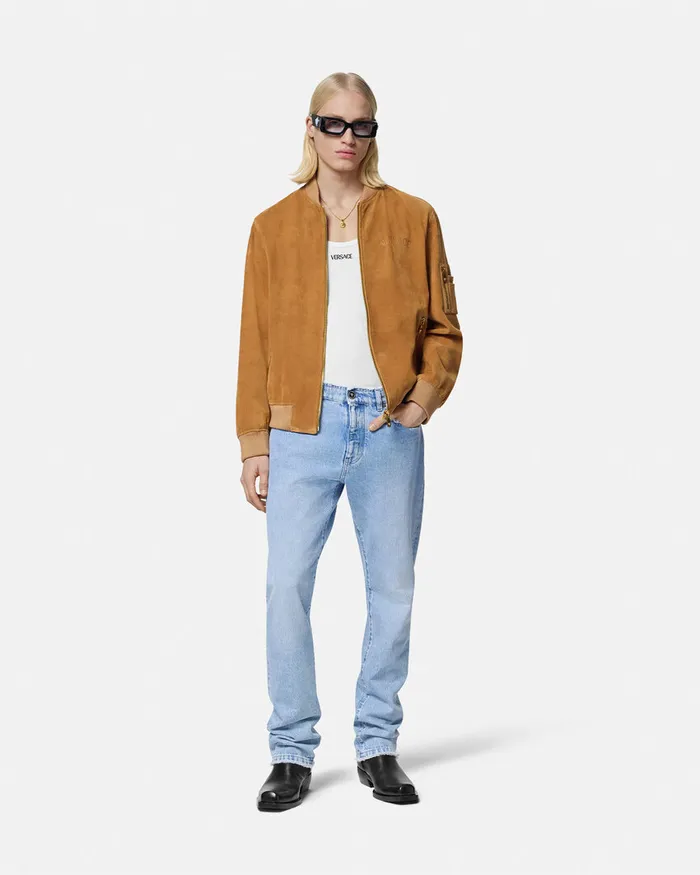 Versace Jackets and Coats Men Suede Bomber Jacket Brown
