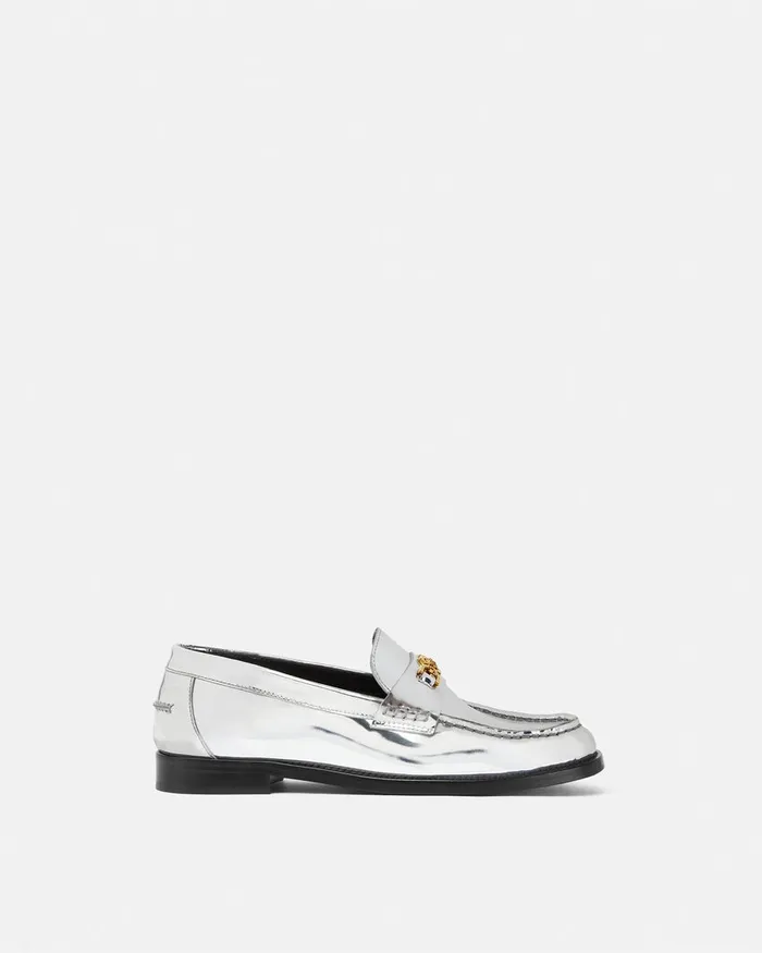 Versace Loafers and Flats Women Medusa 03995 Metallic Loafers Silver