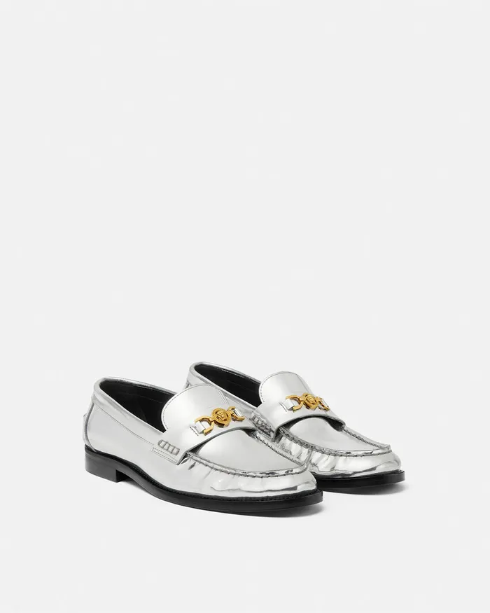 Versace Loafers and Flats Women Medusa 03995 Metallic Loafers Silver