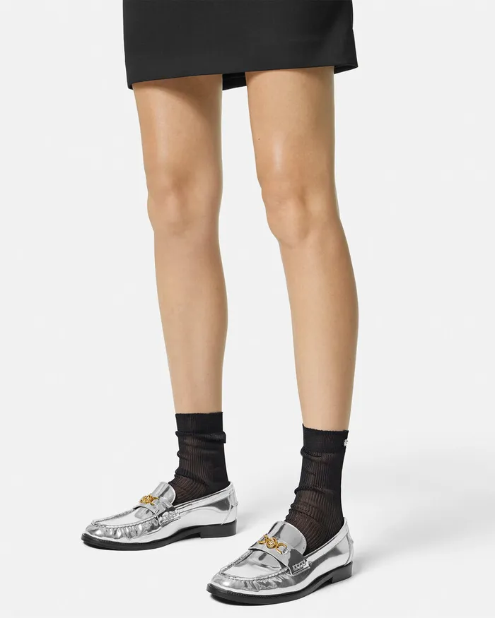 Versace Loafers and Flats Women Medusa 03995 Metallic Loafers Silver
