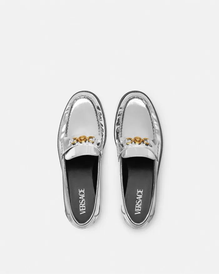 Versace Loafers and Flats Women Medusa 03995 Metallic Loafers Silver