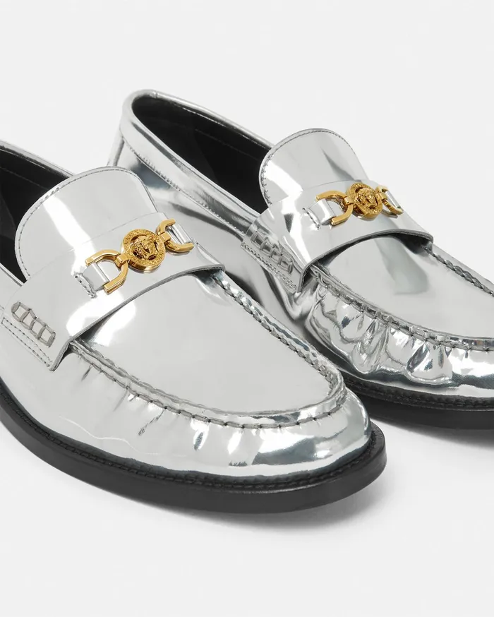 Versace Loafers and Flats Women Medusa 03995 Metallic Loafers Silver