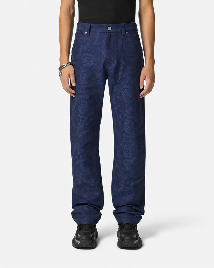 Versace Pants and Shorts Men Barocco Jacquard Carpenter Pants Blue