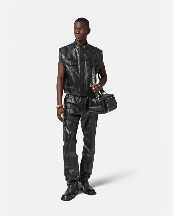 Versace Pants and Shorts Men Leather Trousers Black