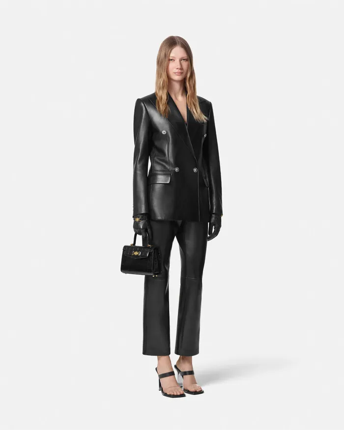 Versace Pants and Shorts Women Plong Leather Crop StraightFit Pants Black