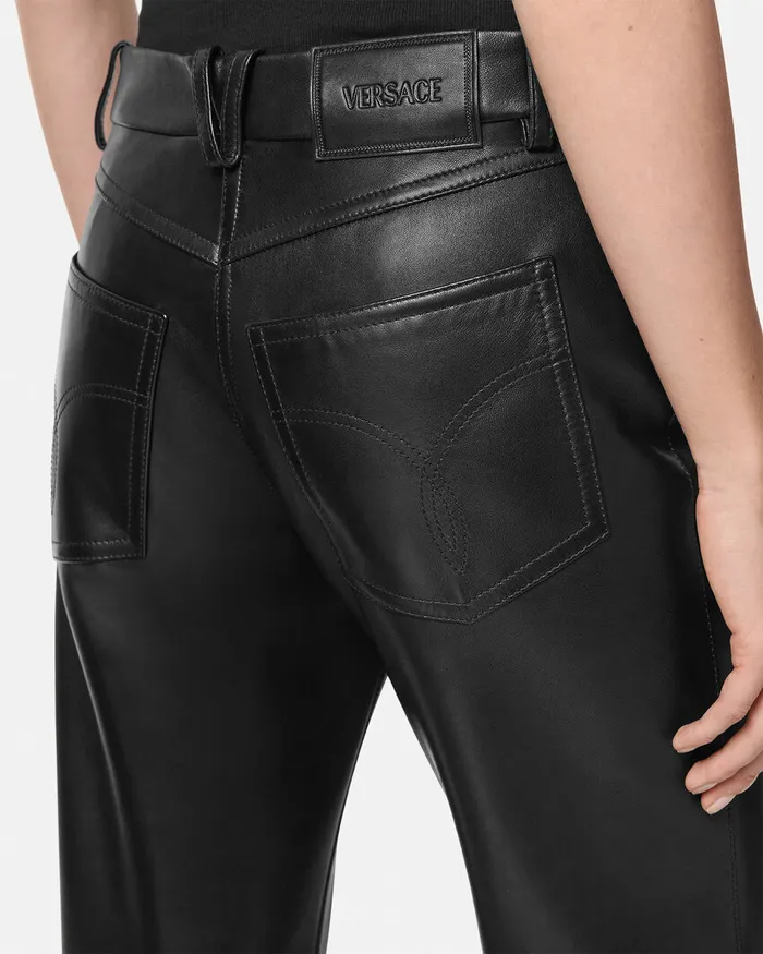 Versace Pants and Shorts Women Plong Leather Crop StraightFit Pants Black