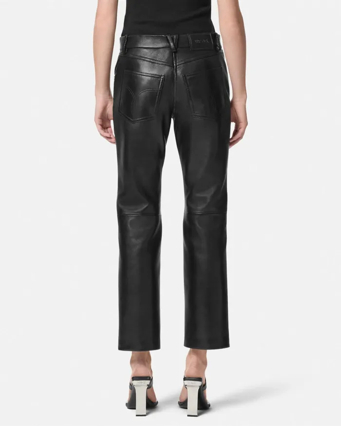 Versace Pants and Shorts Women Plong Leather Crop StraightFit Pants Black