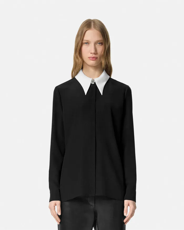 Versace Shirts and Tops Women ContrastCollar Silk Crpe Shirt Black