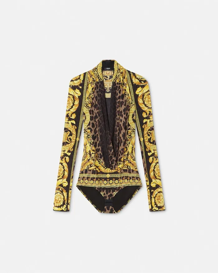 Versace Shirts and Tops Women Wild Barocco Silk Draped Bodysuit Animalier