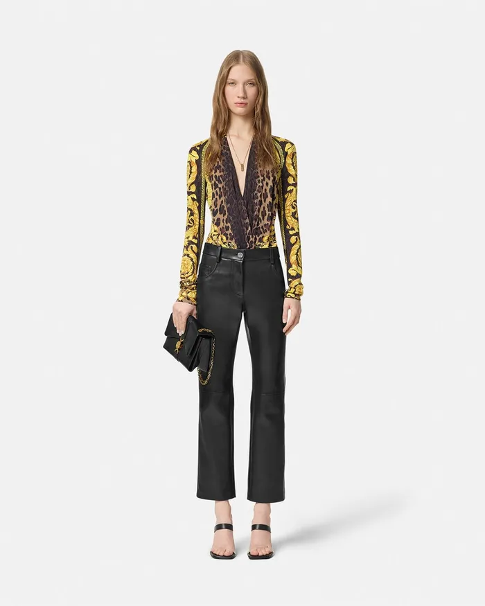 Versace Shirts and Tops Women Wild Barocco Silk Draped Bodysuit Animalier