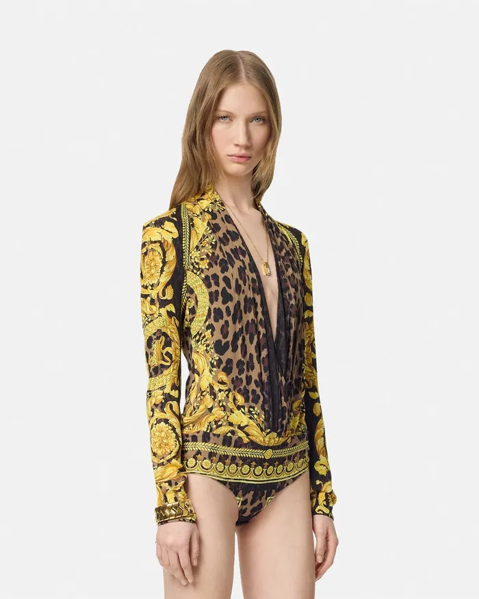 Versace Shirts and Tops Women Wild Barocco Silk Draped Bodysuit Animalier