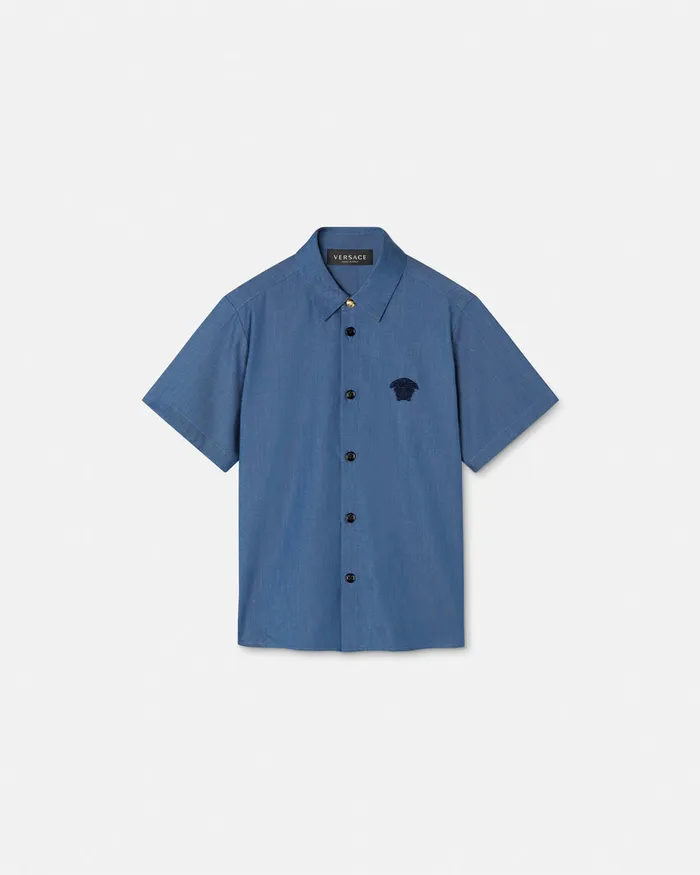 Versace Shirts Kids Embroidered Chambray Shirt Blue