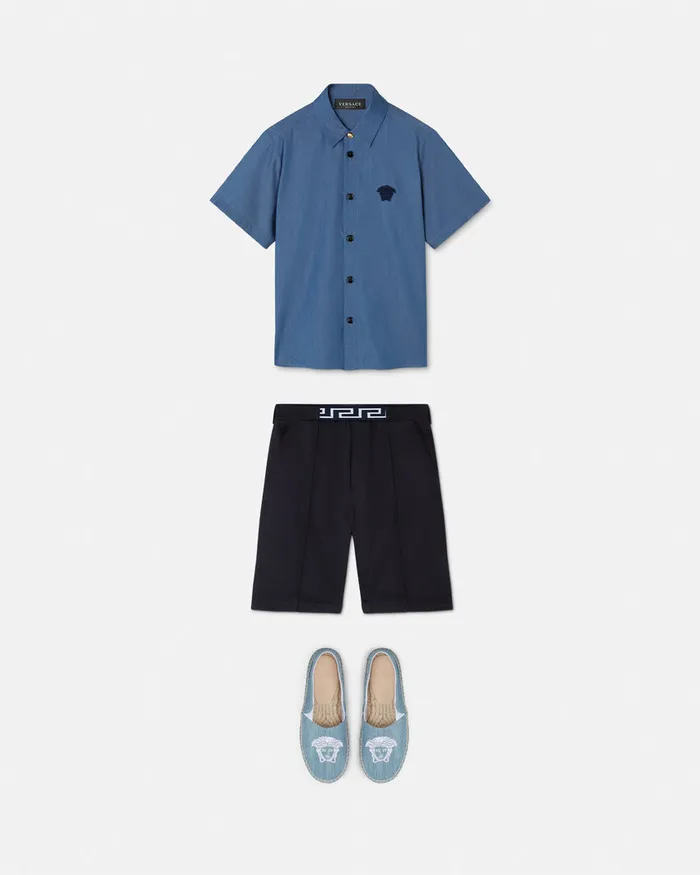 Versace Shirts Kids Embroidered Chambray Shirt Blue