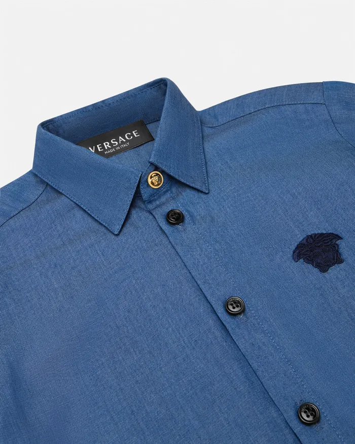 Versace Shirts Kids Embroidered Chambray Shirt Blue