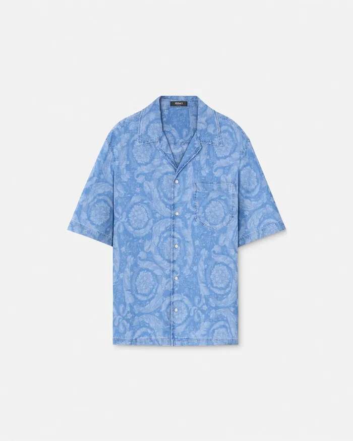Versace Shirts Men Barocco Chambray Denim Shirt Blue