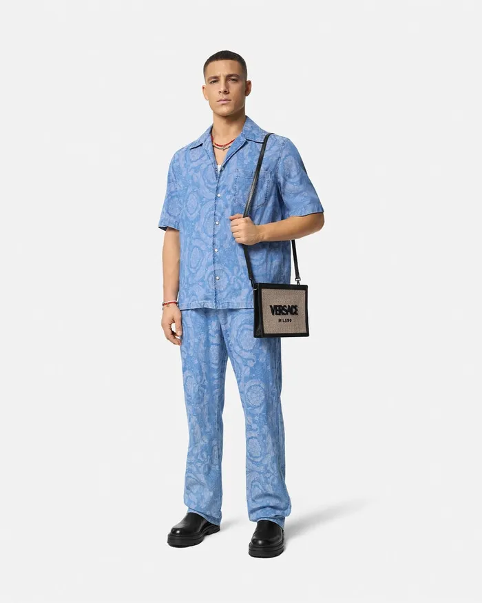 Versace Shirts Men Barocco Chambray Denim Shirt Blue