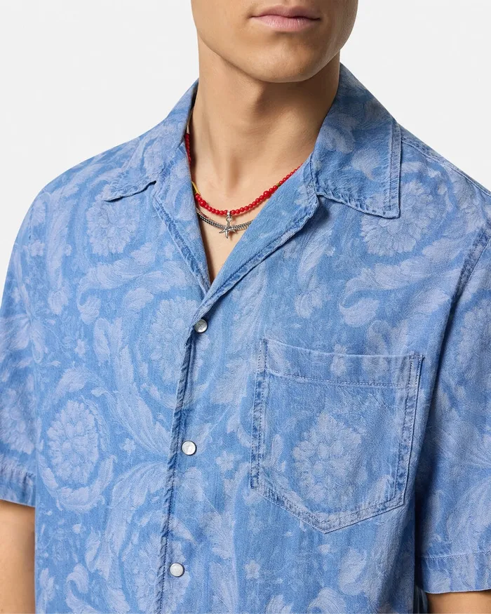 Versace Shirts Men Barocco Chambray Denim Shirt Blue