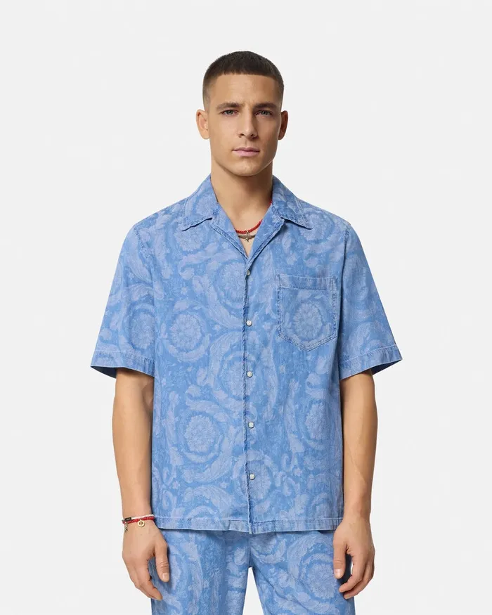 Versace Shirts Men Barocco Chambray Denim Shirt Blue
