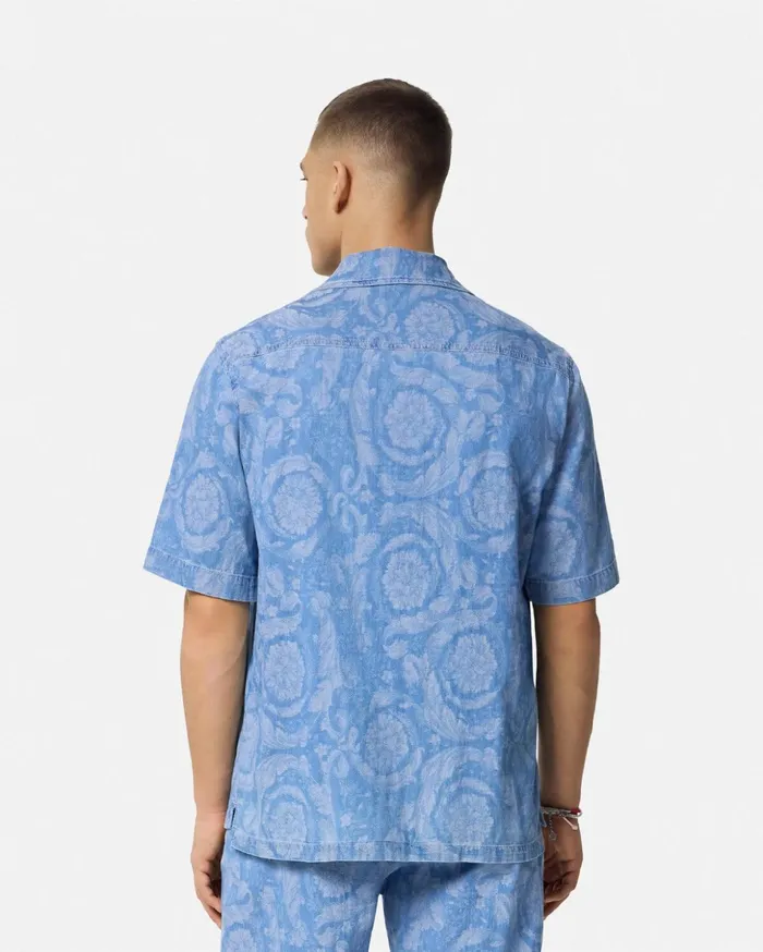 Versace Shirts Men Barocco Chambray Denim Shirt Blue