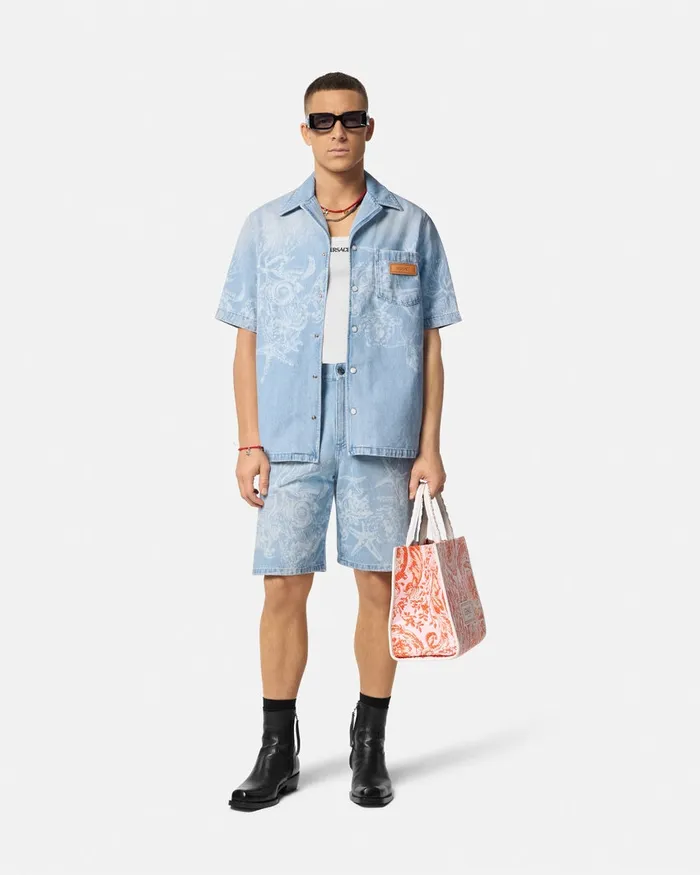 Versace Shirts Men Lasered Barocco Sea Denim Overshirt Blue
