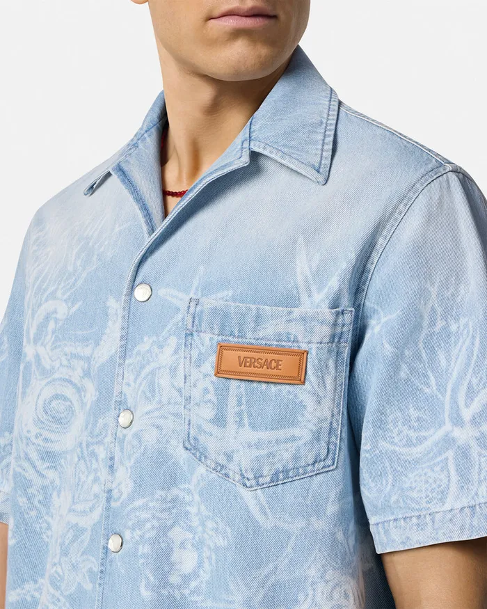 Versace Shirts Men Lasered Barocco Sea Denim Overshirt Blue
