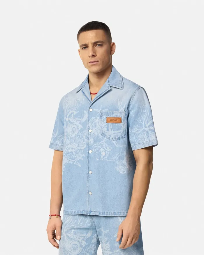 Versace Shirts Men Lasered Barocco Sea Denim Overshirt Blue