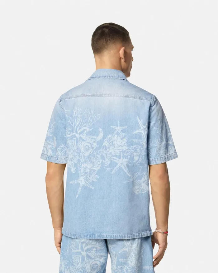 Versace Shirts Men Lasered Barocco Sea Denim Overshirt Blue
