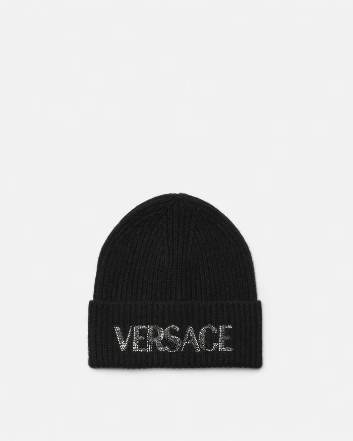 Versace Soft Accessories Women Cielo Stellato Logo Cashmere Knit Beanie Black