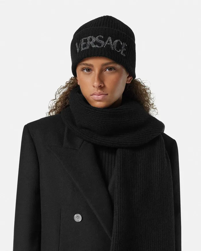 Versace Soft Accessories Women Cielo Stellato Logo Cashmere Knit Beanie Black