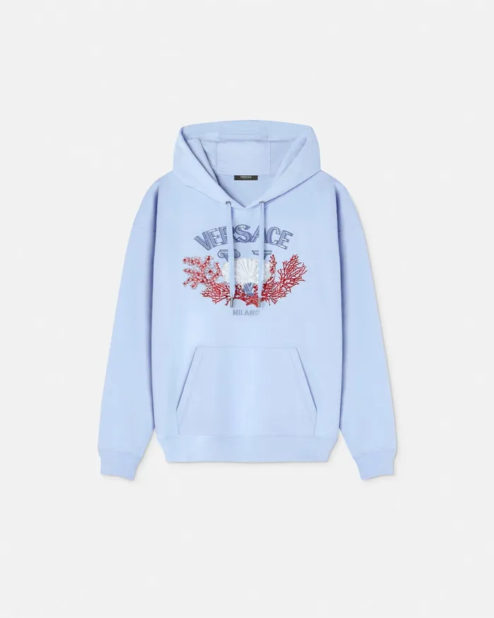 Versace Sweatshirts Men Embroidered University Coral Hoodie Light Blue