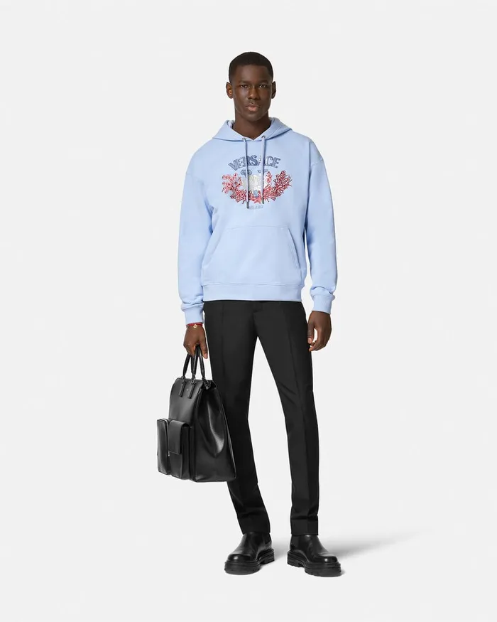 Versace Sweatshirts Men Embroidered University Coral Hoodie Light Blue