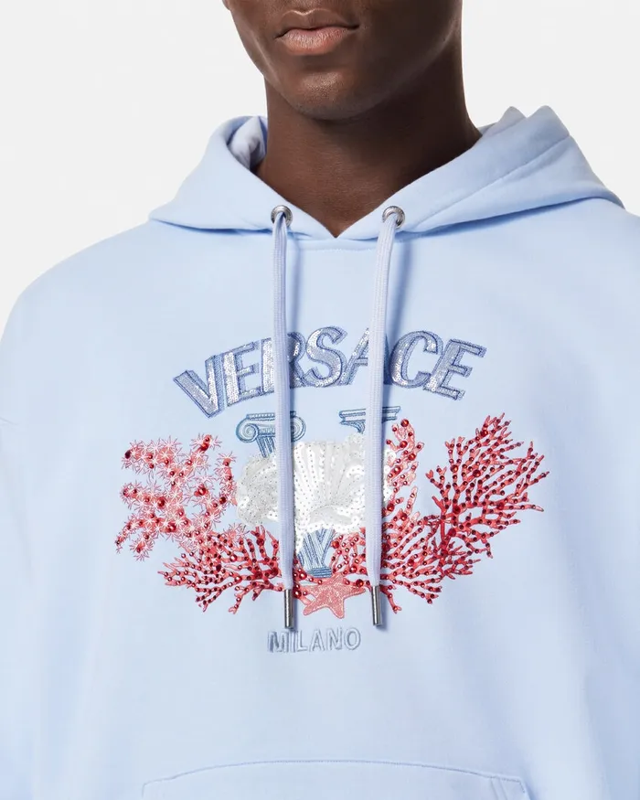 Versace Sweatshirts Men Embroidered University Coral Hoodie Light Blue