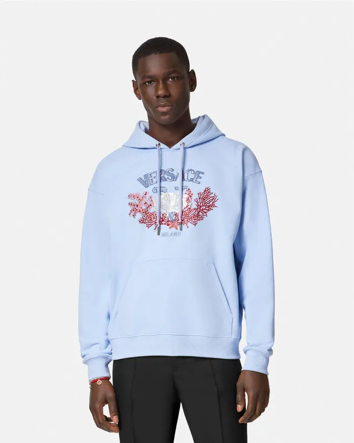 Versace Sweatshirts Men Embroidered University Coral Hoodie Light Blue