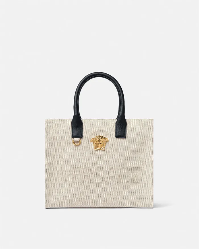 Versace Totes Women La Medusa Canvas Small Tote Bag Beige
